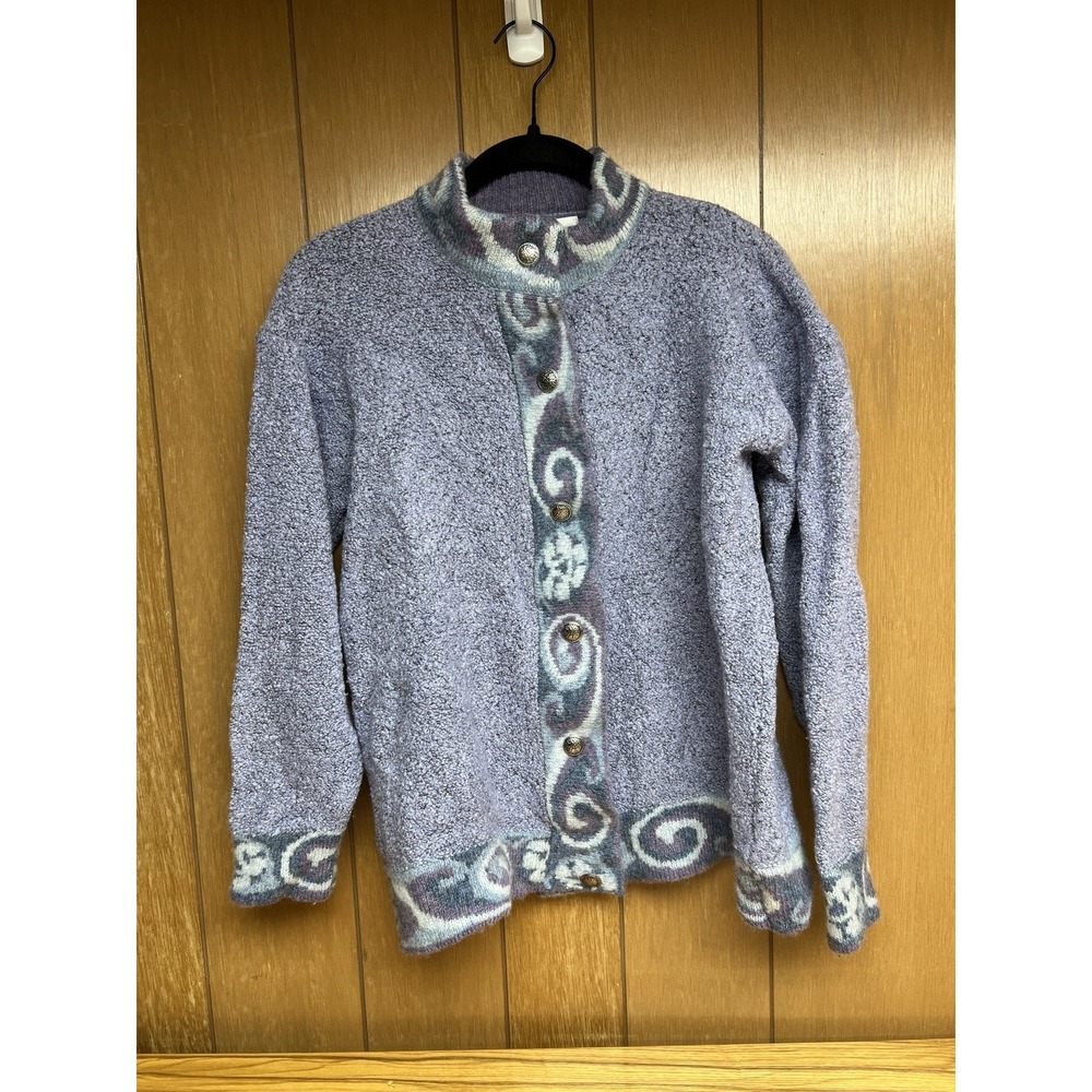 Harley of Scotland Wool Cardigan Blue Gray Fair Isle Geometric Silver Buttons